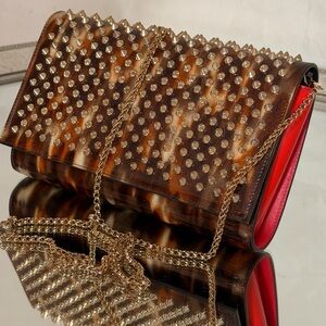 Christian Louboutin Brown Studded Leather Clutch with Red Interior